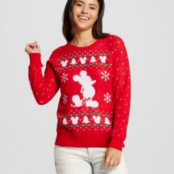 Disney Mickey Mouse Christmas Sweater L Holiday Fair Isle Print Snowflake Red - Picture 1 of 9